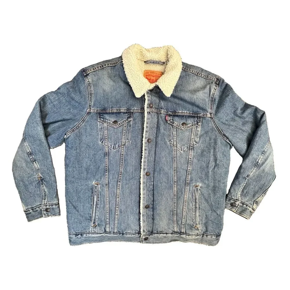 Levis Denim Jacket Adult XXL 2XL Blue Sherpa Lined Trucker Red Tab Fleece Men